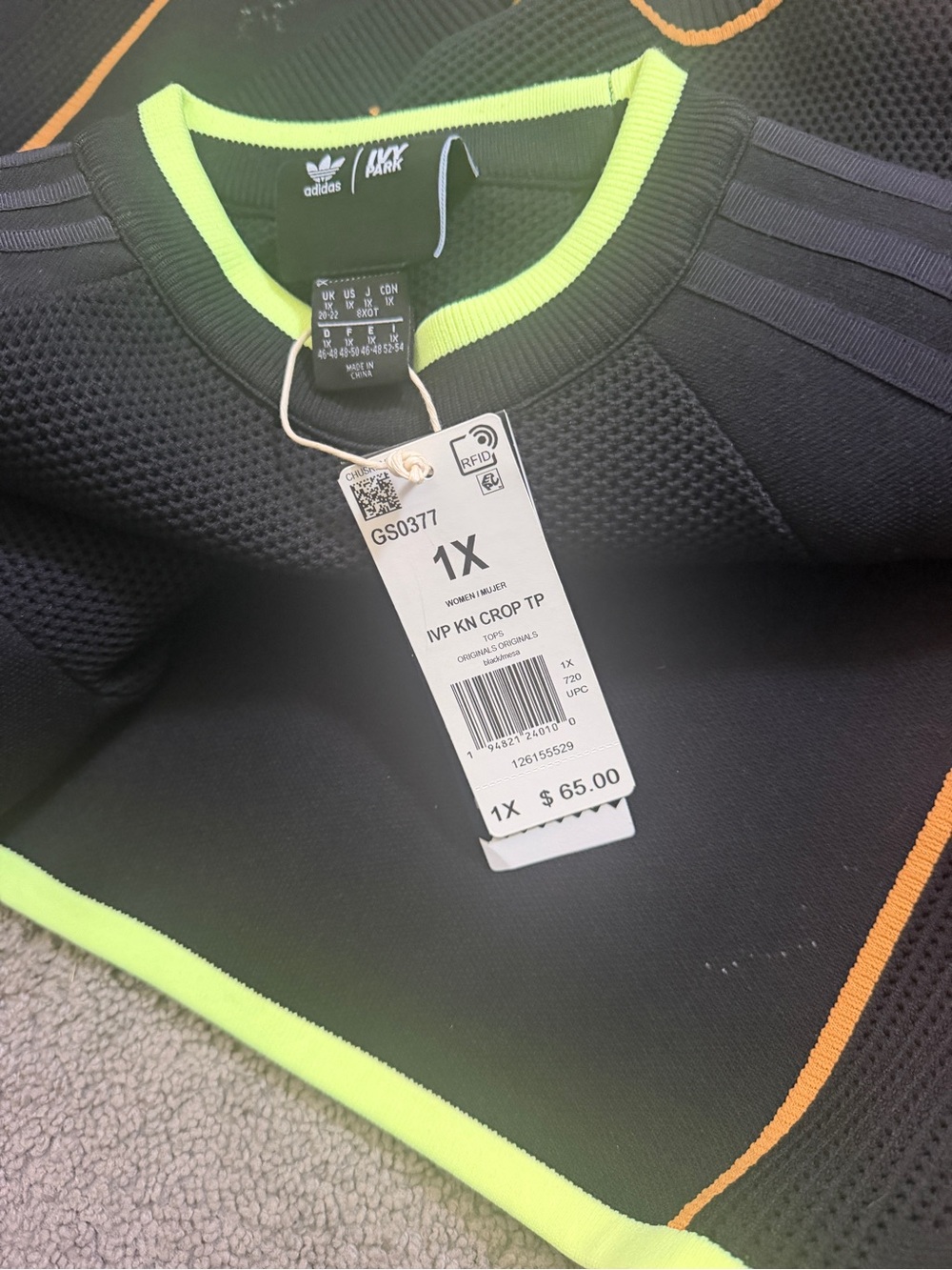 Adidas Women’s Black Crewneck with Neon Green and Orange Trim